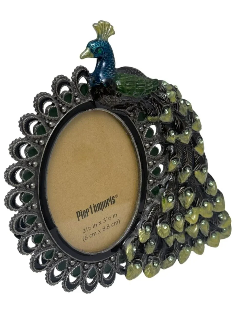 Pier 1 Imports Peacock Enamel Crystal Photo Frame for 2.5 x 3.5 Picture